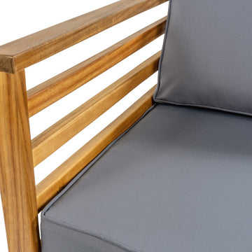 Thom 4-Piece Mid-Century Modern Acacia Wood Outdoor Patio Set with Cushions and Plaid Decorative Pillows - JONATHAN Y